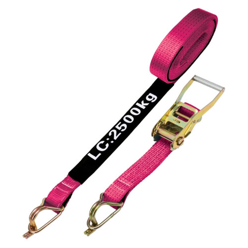 WORKWEAR, SAFETY & CORPORATE CLOTHING SPECIALISTS - RATCHET TIE DOWN 50MMx9m 2.5T HOOK AND KEEPER - PINK