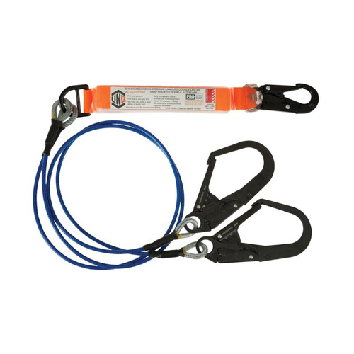 WORKWEAR, SAFETY & CORPORATE CLOTHING SPECIALISTS - LINQ Elite Double Leg Shock Absorbing 2M Wire Rope Lanyard with Hardware SN & SD X2