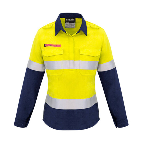 WORKWEAR, SAFETY & CORPORATE CLOTHING SPECIALISTS Womens Red Flame Hi Vis Closed Front Shirt - Hoop Taped