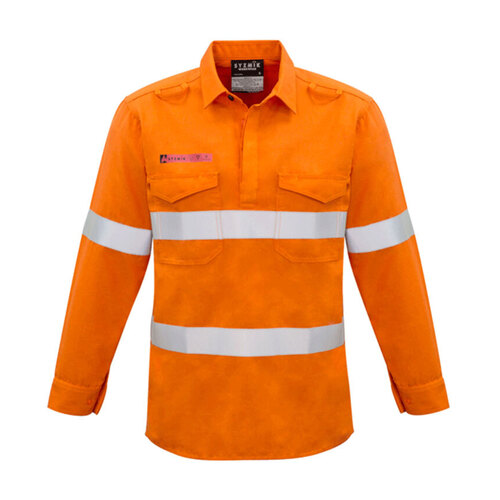 WORKWEAR, SAFETY & CORPORATE CLOTHING SPECIALISTS Mens Red Flame Hi Vis Closed Front Shirt - Hoop Taped